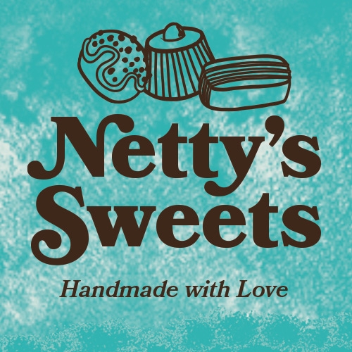 Netty’s Sweets logo with illustrated handmade chocolates above the name and the tagline “Handmade with Love” on a teal background.